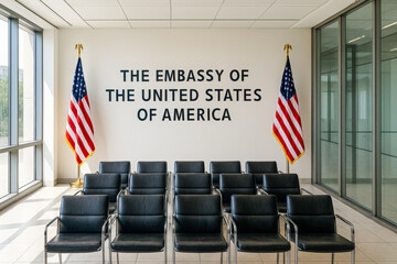 Interior of the U.S. Embassy with rows of chairs facing the wall that reads “The Embassy of the United States of America,” flanked by two American flags, symbolizing travel, visas, journeys abroad
