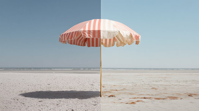 夏の砂浜でパラソルが新旧対比を鮮やかに照らす