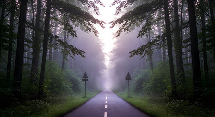 Obraz premium Mystical Road Leading Through Forest With Foggy Ambiance And Sunlight