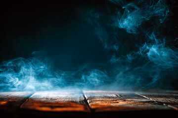Mysteriou Mysterious Blue Smoke Over Rustic Wooden Table Background