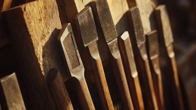 A close up view of wood chisels inside a wooden holder