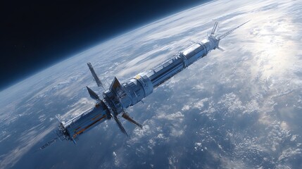 Naklejka premium Space Station Orbiting Earth in Outer Space: Innovation in Aerospace Technology and Sci-Fi Design for Astronomy and Interstellar Exploration in the Cosmic Universe