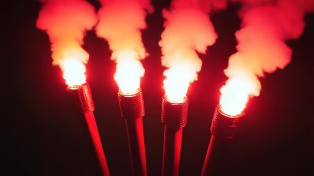 Group of torches emitting red smoke, ideal for dark or mystical scenes