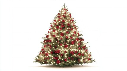 A decorated Christmas tree with red ornaments and white lights. The tree is lush and full, set against a plain white background.