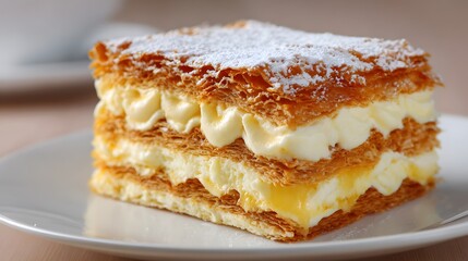 Mille-Feuille Dessert with Vanilla Custard and Whipped Cream: Layered Flaky Pastry with Powdered Sugar - Gourmet Pastry for Dessert Lovers and Culinary Enthusiasts