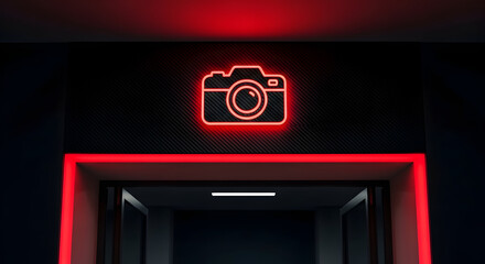 Neon Camera Icon Glowing Above Dark Entrance To Underground Studio