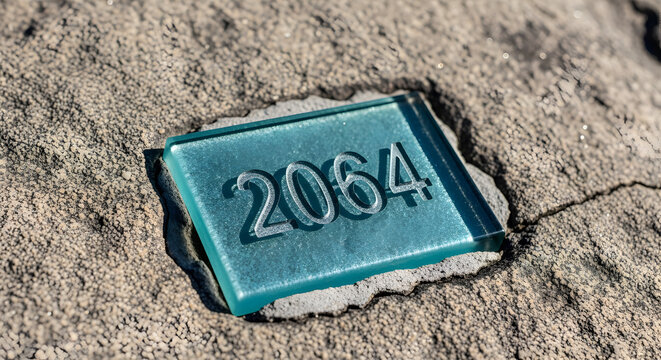 Reflecting On The Future A Cyan Glass Tile Displays The Year 2064