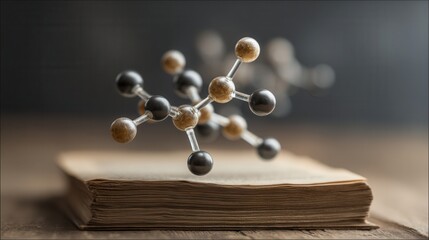 A molecular model with black and beige spheres is placed on an open book. The background is softly blurred, emphasizing the scientific theme.