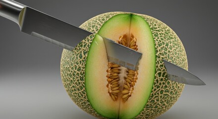Knife slicing cantaloupe