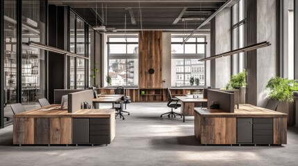 Modern open-plan office space featuring reclaimed wood furniture.