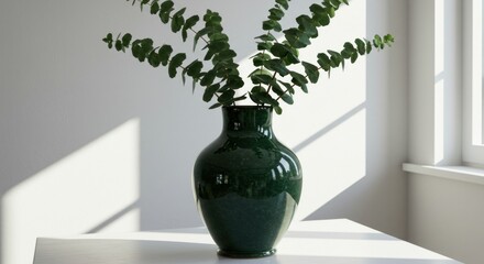 Green vase with eucalyptus
