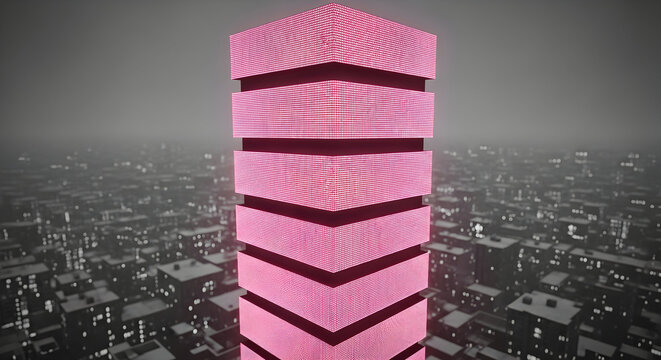 Neon Glow In Urban Cityscape Pink Futuristic Tower Against City Skyline - Powered by Adobe