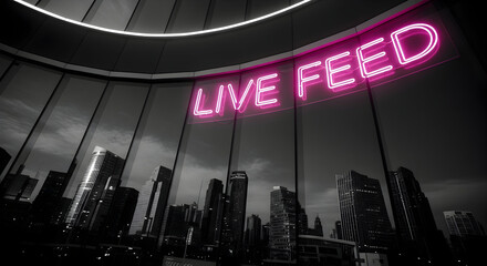 Neon Live Feed Sign Overlooking Cityscape Modern Architectural Urban View