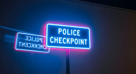 Neon Police Checkpoint Sign At Night For Safety Awareness Promotion