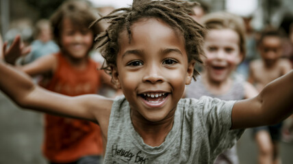 Joyful children run with open arms, happiness beaming on their faces, set against a vibrant outdoor scene, capturing pure delight.
