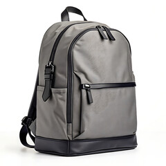 Fototapeta premium A gray backpack with black trim and zippers on a white background for everyday carry and travel needs