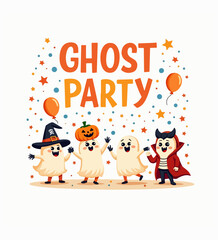 Naklejka premium Four Adorable Cartoon Ghosts And A Vampire Character Celebrating A Ghost Party With Balloons And Stars