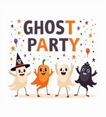 Fototapeta premium Four Cute Cartoon Ghosts And A Pumpkin Character Celebrating A Ghost Party With Balloons And Stars halloween