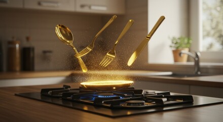 Golden utensils levitating over a pan