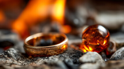 A close-up captures a golden ring and translucent orb amidst dark, charred wood, with a firelight glow in the background.