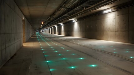 Modern Architecture Tunnel with LED Recessed Lighting in Urban Underground Passage - Symmetrical Concrete Walls Illuminated in Blue Green Hues and Minimalist Interior Design