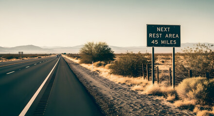 Next Rest Area Sign Stands Proudly Along A Desert Highway With Distant Mountains