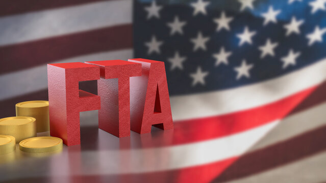 The FTA and coins on America flag for Business concept 3d Rendering.
