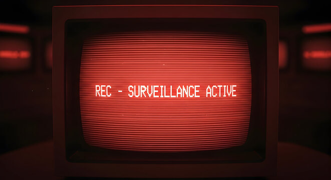 Retro Surveillance System With Active Recording Message On Red Screen - Powered by Adobe