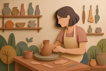 A paper cut illustration of a woman shaping a clay vase on a pottery wheel with tools in earthy tones for creative workshop promotion design