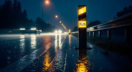 Night Highway Under Heavy Rain with Traffic and Kilometer Marker Ahead