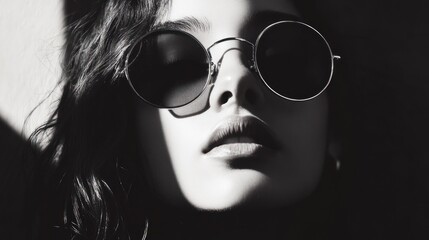 Close up of a woman wearing round sunglasses in shadow