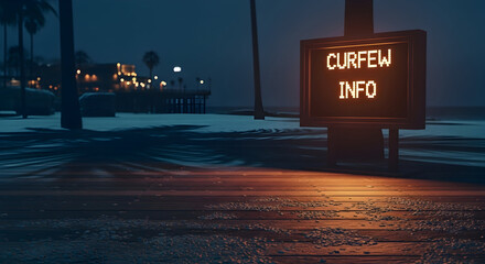 Nighttime Beach Curfew Information Alert Under Moody Twilight Sky