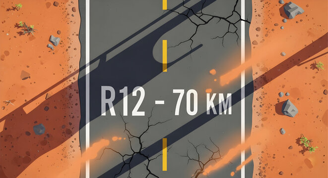Road Distance Graphic Between R12 And 70 Kilometers In Desert Landscape