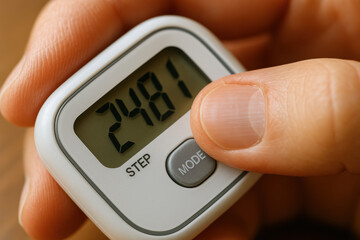 Pedometer Measurement: An up-close, detailed shot of a hand holding a pedometer, with a clear display. The display shows a number, indicating steps taken.