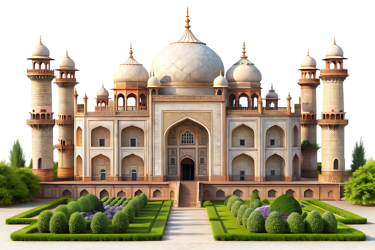 3d rendered Mughal style palace with onion domes and minarets surrounded by manicured gardens isolated on a transparent background