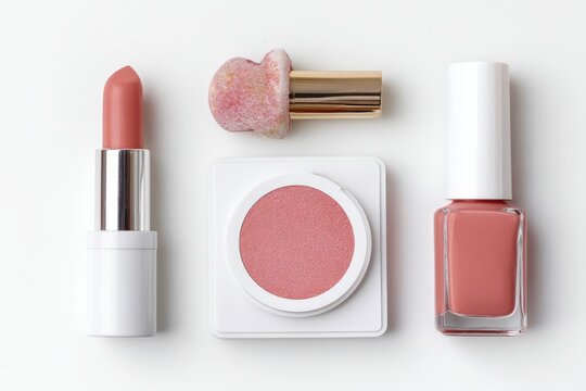 Guava-toned beauty products including blush and lipstick, ideal for makeup branding and soft pastel product mockups