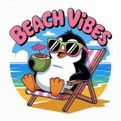 Fun cartoon vector icon of a penguin boy drinking a cup of coffee or tea on a summer beach holiday