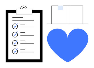 Black clipboard with checklist, simple calendar outline, blue heart. Ideal for productivity, planning, self-care, task management, wellness, goal setting simple landing page