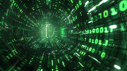 Dive into a dynamic digital realm with vibrant green binary code flowing through a high-tech tunnel, perfect for illustrating data streams, cybersecurity, and the future of technology