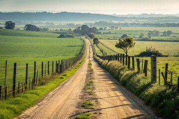 Long dirt rural road lined with wooden fences passing through lush green fields