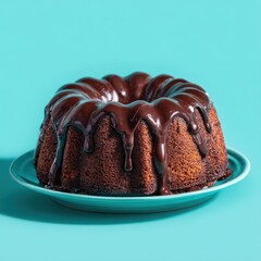 Decadent chocolate glazed bundt cake on a teal plate