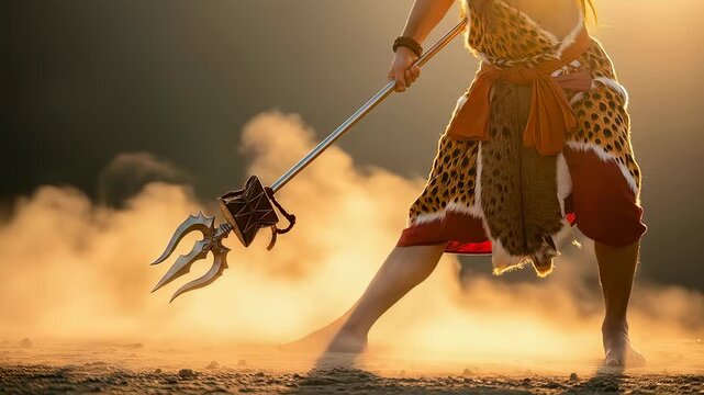 Lord shiva wielding the trident, a symbol of divine power and strength, in a dynamic action pose, showcasing the energy and force of hinduism and indian mythology