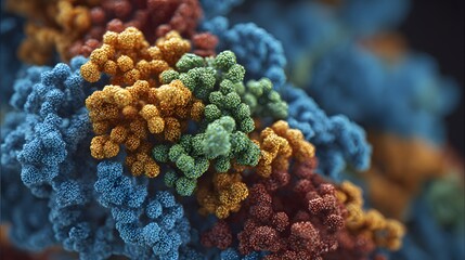Fototapeta premium Colorful Microscopic View of Molecular Structure: Scientific Illustration of Biological Samples in Protein Modeling and Genetic Engineering with Intricate Biochemistry Patterns