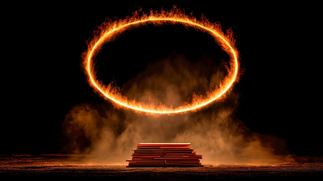 A glowing fiery hoop hovers over a neat stack of planks, the stage is set with smoke and a dramatic backdrop. - Powered by Adobe