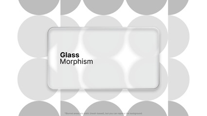 Rectangle glass morphism text box on patterned background. Liquid glass effect for modern design. Smooth texture for web interface presentation.