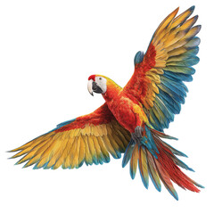 Fototapeta premium Png of A vibrant macaw in mid-flight, showcasing its stunning red, blue, and yellow feathers against a clear background.