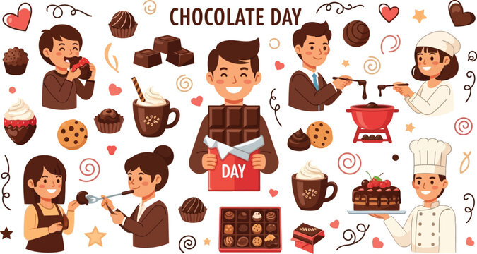 Celebration of chocolate day with people enjoying chocolate treats and desserts in a cartoon style - Powered by Adobe