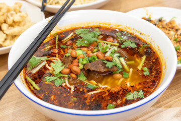 Spicy beef noodle soup in Chinese style
