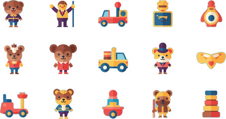 Flat vector illustration of cartoon bears, trucks, and other toys on a light blue background