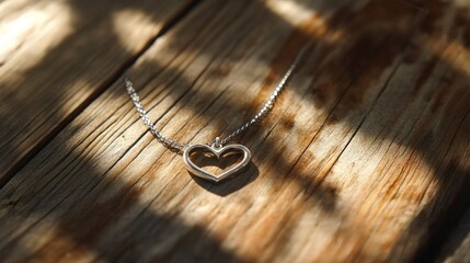 A silver heart pendant necklace rests on a wooden surface